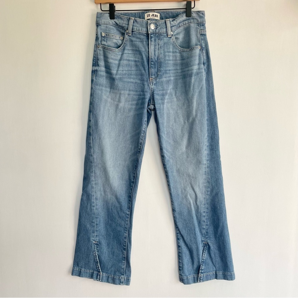 LE JEAN Straight Leg Jeans High Waist Front Slit Button Fly Blue Denim Size 27